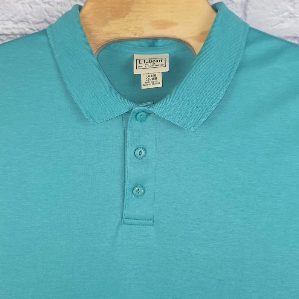 LL Bean Men Polo Shirt Teal Blue Short Sleeve Pima Cotton Size Large
